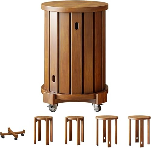 Set med 4 Stapelbara Träbänkar, Multifunktionell Nest Sidosbord Runda Massivträstolar Kaffefärg Våning Sovrum Matsal Sängsida(Cherrywood)