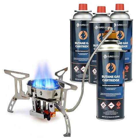 Eurocatch Foldable Gas Burner Turbo 6800W - inkl. 4 gaspatroner - Hopfällbar Gasbrännare med Adapter och Förvaringsväska