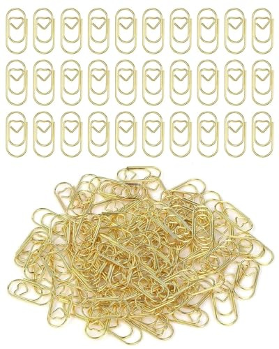 CULEB 100 Pcs Clips de Papel Dorados,Clip Papel Oficina Acero Inoxidable Metal,Patrón de Corazón,para Decorar Postales,Oficinas,Aulas,Libros y Documentos