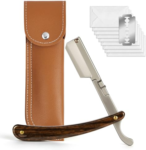 Beugo Navaja de Afeitar Hombre, Straight Edge Razor Barber, navaja de barbero, Cuchilla de Afeitar de Barbero Acero Inoxidable, Kit de Afeitado Clásico para Barba y Bigote con 10 Cuchillas y bolso PU