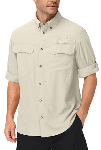 Men's Safari Shirt Roll Up Long Sleeve , UPF 50+ Button Down Hiking Shirts | Quick Dry and Breathable, Cooling Vented Back, Secure Utility Pocket, UV Protection Shirts for Outdoor, Fishing and Travel