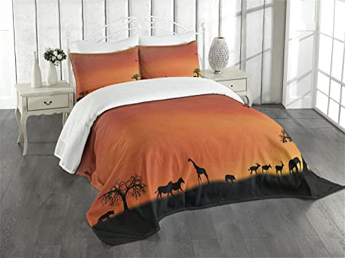 ABAKUHAUS Afrika Tagesdecke Set, Safari Sonnenuntergang mit Gull, Set mit Kissenbezügen Klare Farben, für Doppelbetten 220 x 220 cm, Dunkelorange Schwarz