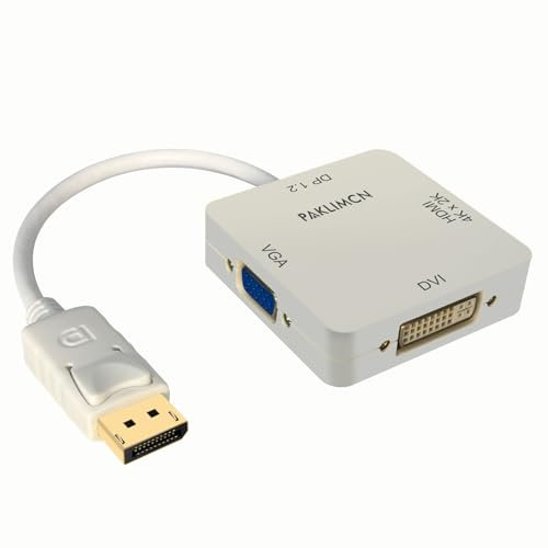 PAKLIMCN DP a HDMI VGA DVI Adaptador Displayport a HDMI 4K Adaptador 3 en 1 Puerto de visualización a HDMI VGA DVI Convertidor macho a hembra chapado en oro (blanco cuadrado)