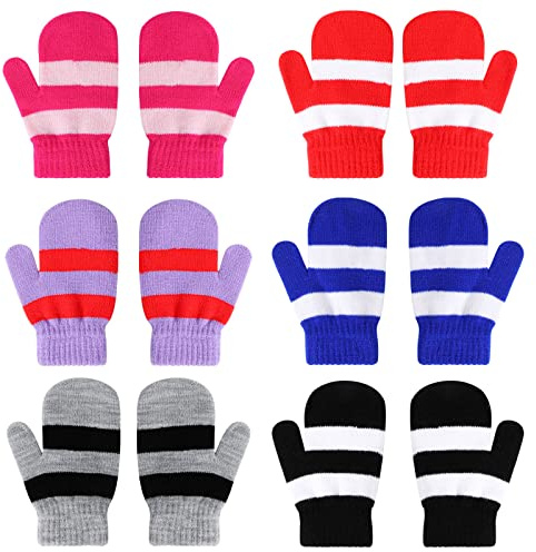 QKURT 6 Pairs Toddler Mittens, Winter Warm Knitted Strip Gloves Baby Stretch Mittens for Boys and Girls, Age 2-5 Years Old