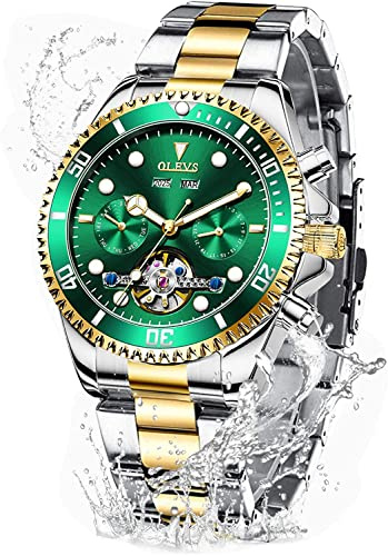 OLEVS Automatikuhren für Herren, selbstaufziehend, klassisch, Designer-Tourbillon, Edelstahl, wasserdicht, leuchtend, männliche Armbanduhren, grün, Armband