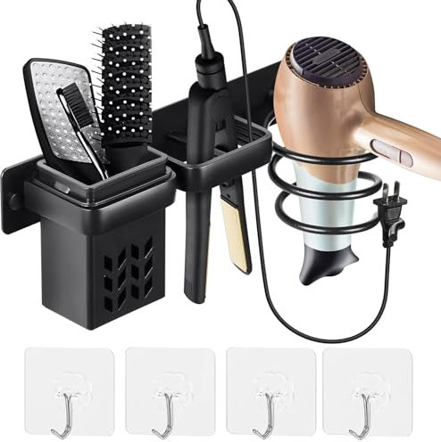BURNTOP Hair Dryer Holder Wall Mounted, Straightener Holder, Bathroom Hair Styling Care Tool Organizer, Multi-Functional Space Saving Storage Bracket with Plug Hook & Cup-Black, 31.5 x 11.5 x 13cm