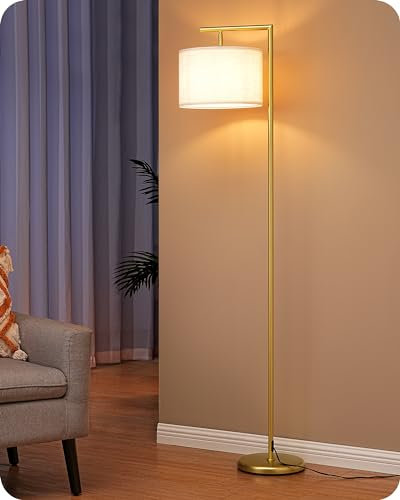 EDISHINE LED Floor Lamp, 63 Standing Lamp with Adjustable Linen Shade, Gold Metal Light Pole, Modern Simple Lamp for Living Room, Bedroom, Office, E27 Socket, 2700K LED Bulb Included