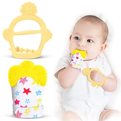 Vicloon Manoplas y Pulseras para Bebés, 2PCS Mordedor para Bebés sin BPA, Guantes para la Dentición para Bebés Guantes Protectores de Bebé Estrella-amarillo
