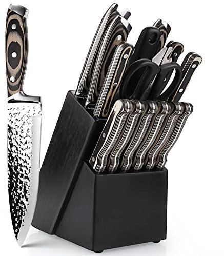 15PCS Kitchen Knife Set, Professional High Carbon Japanese Stainless Steel Chef Knives with Wooden Block, Ultra Sharp Knife Set with Irregular Hammer Pattern for Home & Professional Use