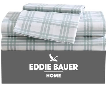 Eddie Bauer - Twin Sheets, Cotton Percale Bedding Set, Crisp & Cool Home Decor (Light Green Plaid, Twin)