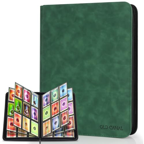Old Canal Trading Card Album, Card Scrapbook with 9 Compartments for up to 540 Cards, Portable Zip Binder, Cards Binder for MTG, TCG, Baseball Cards (Dark Green)