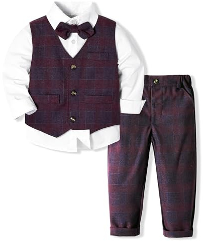 Volunboy Elegant kostym barn skjortor fluga väst + byxor pojkar kläder 4 delar gentleman bröllop ceremoni, Lila pläd, 3-4 anni