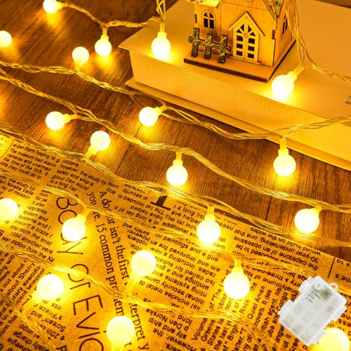 Isisyu Lichterkette Außen Batterie, 6M Warmweiß Globe, Wasserdicht mit Timer für Innen & Außen, 40 LED Kugeln, Ideal für Party, Garten, Hochzeit