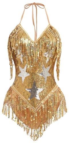 EFOGEP Women's Music Festival Bodysuit: Sexy Halter V Neck Star Sequins Fringe Carnival Rave Outfit Dance Leotard Party Nightclub Halloween Costume Gold L