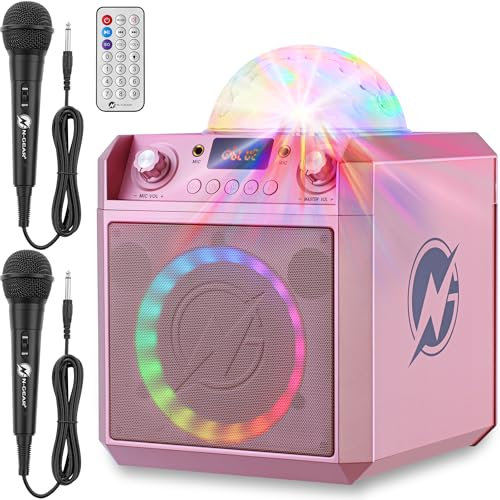 N-GEAR Block Party 602 Karaoke Maschine und Musikbox Kinder – 100 Watt, 6 Stunden Akku, Party Discokugel Licht, Bluetooth, USB/SD MP3, 2 Mikrofon Kinder – Partybox & Karaoke Anlage mit 2 Mikrofonen