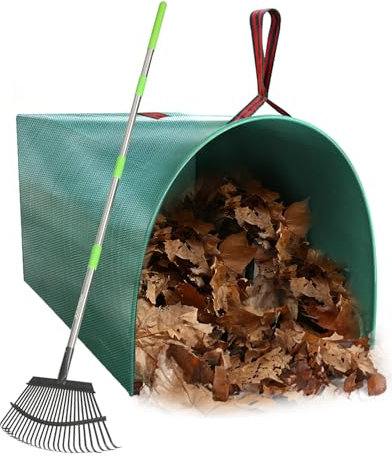 Joyhalo 65 Inch Rake for Leaves with 40 Gallon Dustpan-Typ Leaf Bags, 25 Tines Metal Leaf Rake Set for Gardening Lawns Yard Outdoor Camping Shrub Grass Bush Grass Clippings