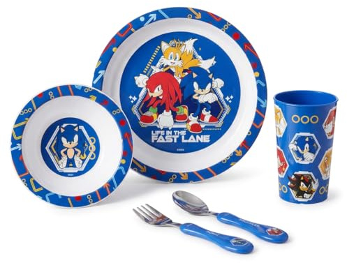 Sonic The Hedgehog Kids 5 Piece Dinnerware Set - Plate, Bowl, Cup, Fork + Spoon. Safe Durable Plastic Home or Picnic Set - Official, Blue
