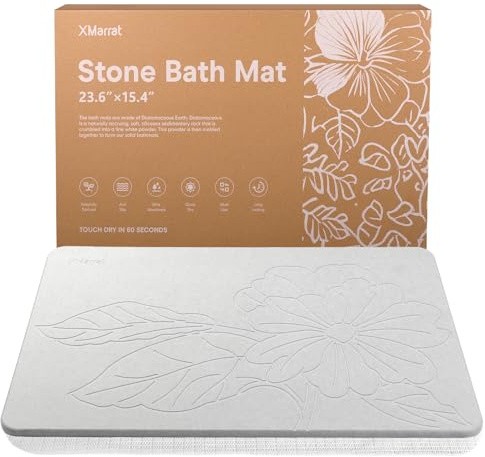 XMarrat Stone Bath Mat Large, 23.6'' x 15.4'' Diatomaceous Earth Non-Slip Stone Shower Mat, Super Absorbent Diatomite Stone Mats for Bathroom, Quick Drying, Easy to Clean (Light Gray)