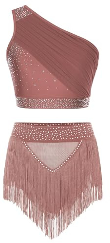 Sxiwei Robe Danse Latine Femme Crop Top Une Epaule Strass avec Jupe à Franges Ensemble Danse Contemporaine Gymnastique Tenue Patinage Artistique Rose poussiéreux M