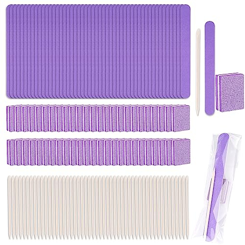 Kit de Manucure Jetable 50 pièces - Comprend : 50 Limes à Ongles, 50 Polissoirs Miniatures, 50 Bâtonnets en Bois, 50 Sachets OPP + Kit d'Accessoires pour Ongles Pressés - Salon & Maison (Violet)