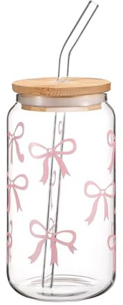 Cosmeria Elegantes Glass Tumbler con diseño de Lazo, Vaso de Vidrio de 16 oz con Tapa y Pajita de Acero Inoxidable, Ideal para café, cócteles y más