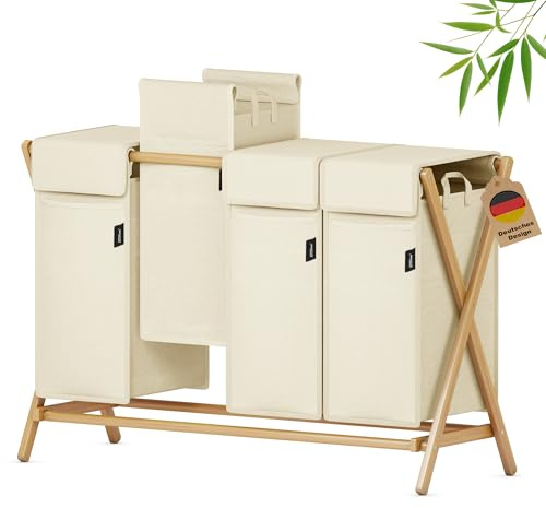 XMHome Faltbarer Wäschekorb 198L mit 4 Fächern,Bambus Wäschesammler,X-förmiges Wäsche Sortiersystem mit Deckel & herausnehmbaren Wäschesäcken,Wäschesortierer für Schlafzimmer Beige