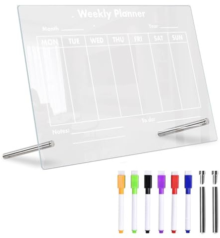 HunicandIU Planificador semanal de acrílico, Pizarra transparente semanal de borrado en, Tablero de mesa con marcadores de 6 colores y tablero de calendario Lista de tareas para el dormitorio,