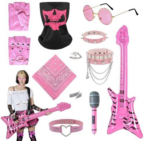 Set di 11 costumi da rock star rosa, costume gotico rocker con chitarra gonfiabile microfono teschio maschera facciale fazzoletto occhiali da sole girocolli guanti anelli bracciali carnevale anni '80