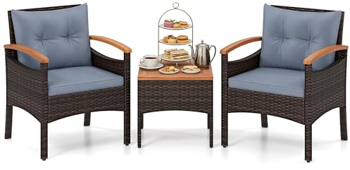 GIANTEX Salon de Jardin Extérieur 2 Personnes 3 Pcs en Résine, 1 Table Basse, 2 Fauteuils avec Coussin, Ensemble de Meuble de Jardin en Rotin PE avec Accoudoir pour Patio, Balcon, Gris
