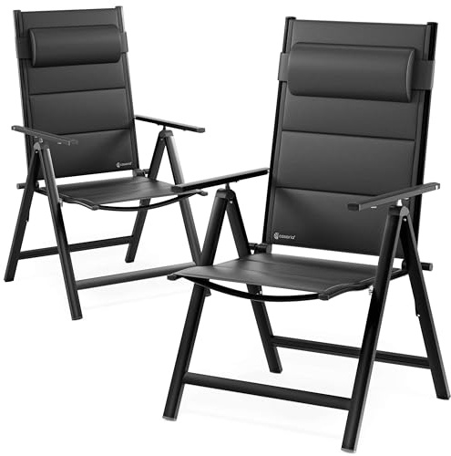 CASARIA Set of 2 Black Aluminium High Back Folding Reclining Garden Chairs | Lightweight Padded Outdoor Armchairs with 8 Position Adjustable Backrests and Armrests for Patio Balcony Garden Dining Use