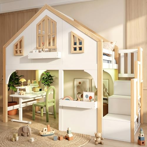 Merax Children's Bunk Bed with Storage for Kids, highsleeper Bed for kids, with LED Lighting, Storage Stairs, Window Design, Sturdy Safety Guardrail, white+natural color