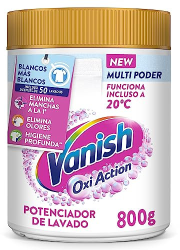 Vanish Oxi Action Multipoder Quitamanchas Multibeneficio, Blanqueador y Potenciador de Lavado, para Ropa Blanca, en Polvo, sin Lejía, 800 gr