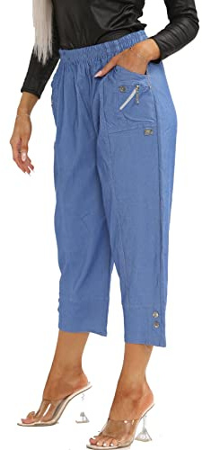 AFR Women Capri Trousers Cropped Pants Ladies 3/4 Three Quarter Length Stretch Pull On Elasticated UK Size 10-24 (Denim, 12)