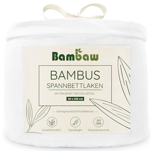 Bambaw Spannbettlaken 90x200cm Bambus, 35 cm Steghöhe, weiche und kühlende Bettwäsche Sommer, hautfreundliche Allergiker Bettlaken, nachhaltige Spannbettlaken Bambus, Spannbetttücher 90x200 cm (Weiß)
