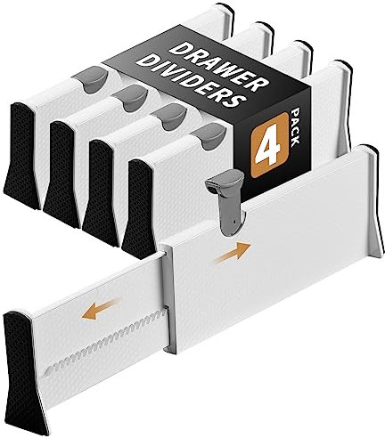 Cinnani Divisori per Cassetti Regolabili, Set di 4 Separatori per Cassetti in Plastica, Estensibili da 27,8 cm a 43,5 cm, Divisori Cassetti Per Cucina, Bagno, Camera da Letto, Cassettiera, Ufficio