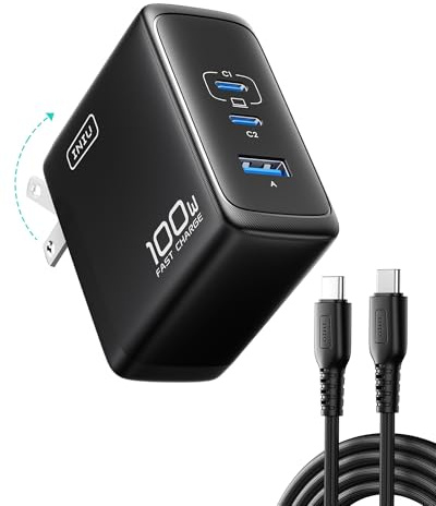 INIU USB C Charger Block, 100W GaN Fast Charging, 3-Port Compact Foldable Travel Charger with Type C Cable, Power Adapter for Mac Book Air Pro 15 14 M3, iPhone 17 16 Pro Max Samsung S26 S24, Switch 2