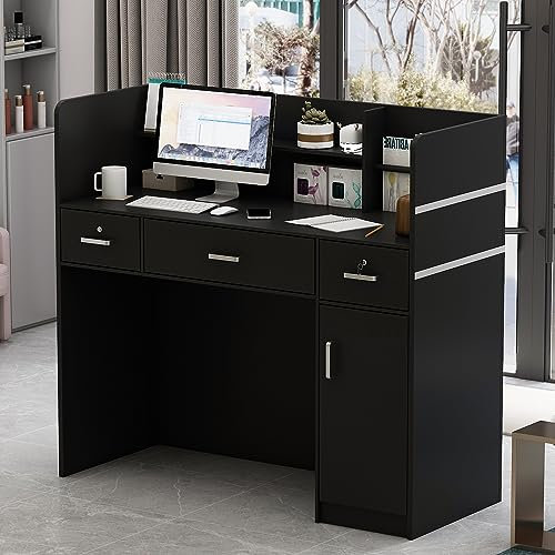 Caldion Empfangstheke mit 3 Schubladen und Ablageflächen Empfangstresen,Bürotheke Rezeption Tisch mit privatem Panel für Salon Empfangsraum Kasse, Lobby Schwarz120cm B x 48cm T x 110cm H