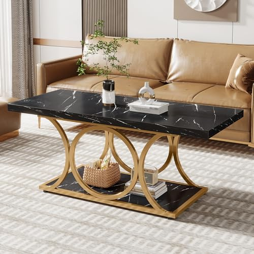 Tribesigns rektangulärt soffbord, 120 cm, modernt soffbord för vardagsrum, 2-våningssoffbord av konstmarmor, med geometriska ben, möbler med förvaringsfack (svart och guld)