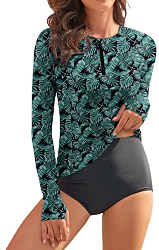 WOWENY Camiseta de natación de Manga Larga para Mujer, con Cremallera 1/4, protección Solar, Traje de baño, Camiseta de Surf, Camiseta de Playa, Chaleco de natación, PJ, XL