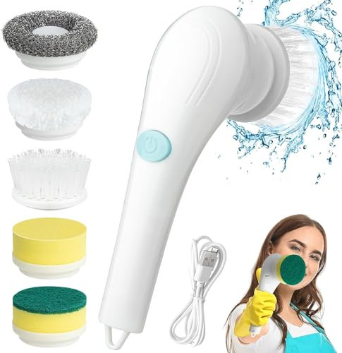 COMBLU Limpiador giratorio eléctrico, cepillo de limpieza motorizado inalámbrico y cinco cabezales de cepillo intercambiables, limpiador de ducha eléctrico de mano inalámbrico, adecuado para pared,