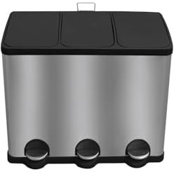 JARDIN202 - Cubo de Basura 60L con Pedal - Triple Compartimento Separados para Reciclaje y Residuos, Ideal para Cocinas y Oficinas | 60 litros (Plata)