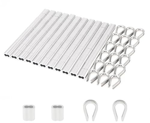 PNXKTXO M3 1/8inch 100Pcs Aluminum Crimping Loop Sleeves Cable Crimps+ 20Pcs M3 Stainless Steel Thimbles Rigging, Widely Use Cable Ferrule Kit for Wire Rope