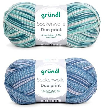 Gründl Wolle Sockenwolle Duo - Strickgarn für 2 Paar Socken - Strapazierfähig und hautfreundlich - 75% Schurwolle, 25% Polyamid - 2 Knäuel 100 g / 420 m - Nadelstärke 2,5-3 - blau