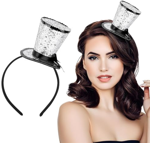 BOFUNX Serre-Tête avec Chapeau Mini Chapeau Cylindre Bandeau de Chapeau Paillettes Argent Accessoires de Costume pour Carnaval Cosplay Nouvel An