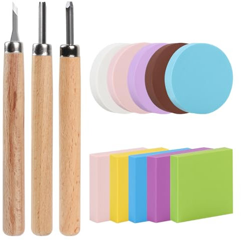 LALAGO Rubber Stamp Carving Block with Carving Chisels, Blockdruck-Starterwerkzeug-Set, Gummistempel Schnitzblöcke, Gummistempelherstellungs-Set mit runden und quadratischen Gummi-Schnitzblöcken