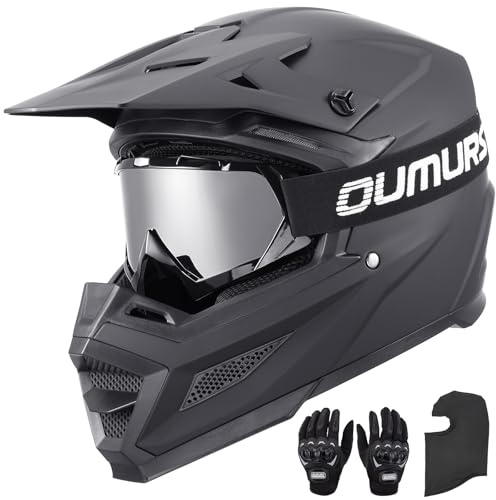 OUMURS DOT Adult ATV Dirt Bike Helmet with Goggles Gloves & Mask Adjustable Sun Visor Motorcycle Adult Helmet Off-Road Motocross Downhill Moped MX for Unisex-Adult-809 Matte Black, M