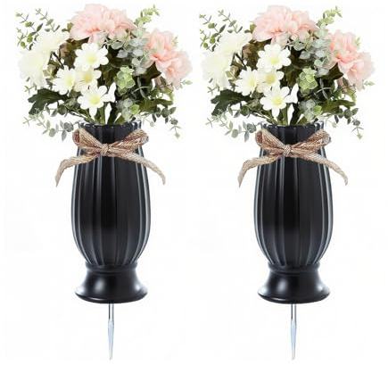TFANUO 2 Pcs Cemetery Vases with Spikes Flower Holder for Cemetery Grave Vases for Cemetery with Stake (Black)