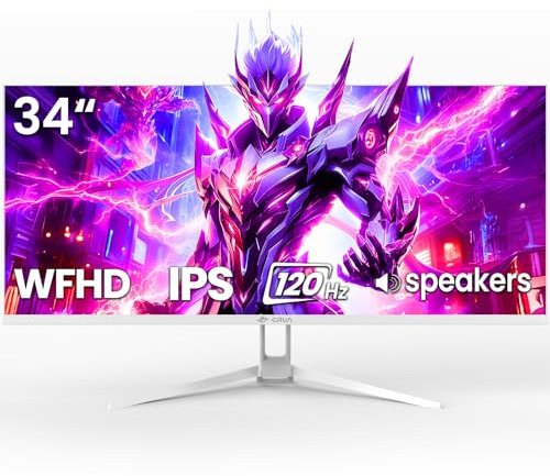 CRUA 34'' Ultrawide Gaming Monitor 120HZ, 21:9 WFHD 2560X1080 IPS Panel Computer Monitors with Built-in Speakers, Support AMD FreeSync, 120% sRGB, DP1.4 & HDMI1.4, Wall Mountable Installs-White
