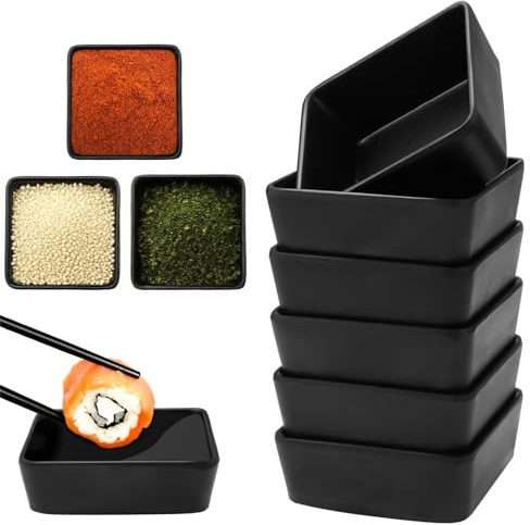 Platos de Cerámica para Salsa de Soja, 6 Piezas Cuencos para Aperitivos, 8,2 x 8,2 x 3 cm Cuencos de Cerámica para Sushi, Cuadrados Cuenco para Guarniciones, para Postres, Barbacoas(Negro)