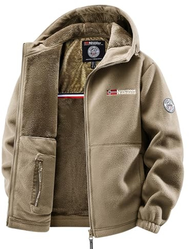 VVAULT Dubbelskikts fleece huvjacka, unisex ultra-varm sherpa-jacka, taktisk rock med full dragkedja sherpa-jacka med fickor, Khaki, XL